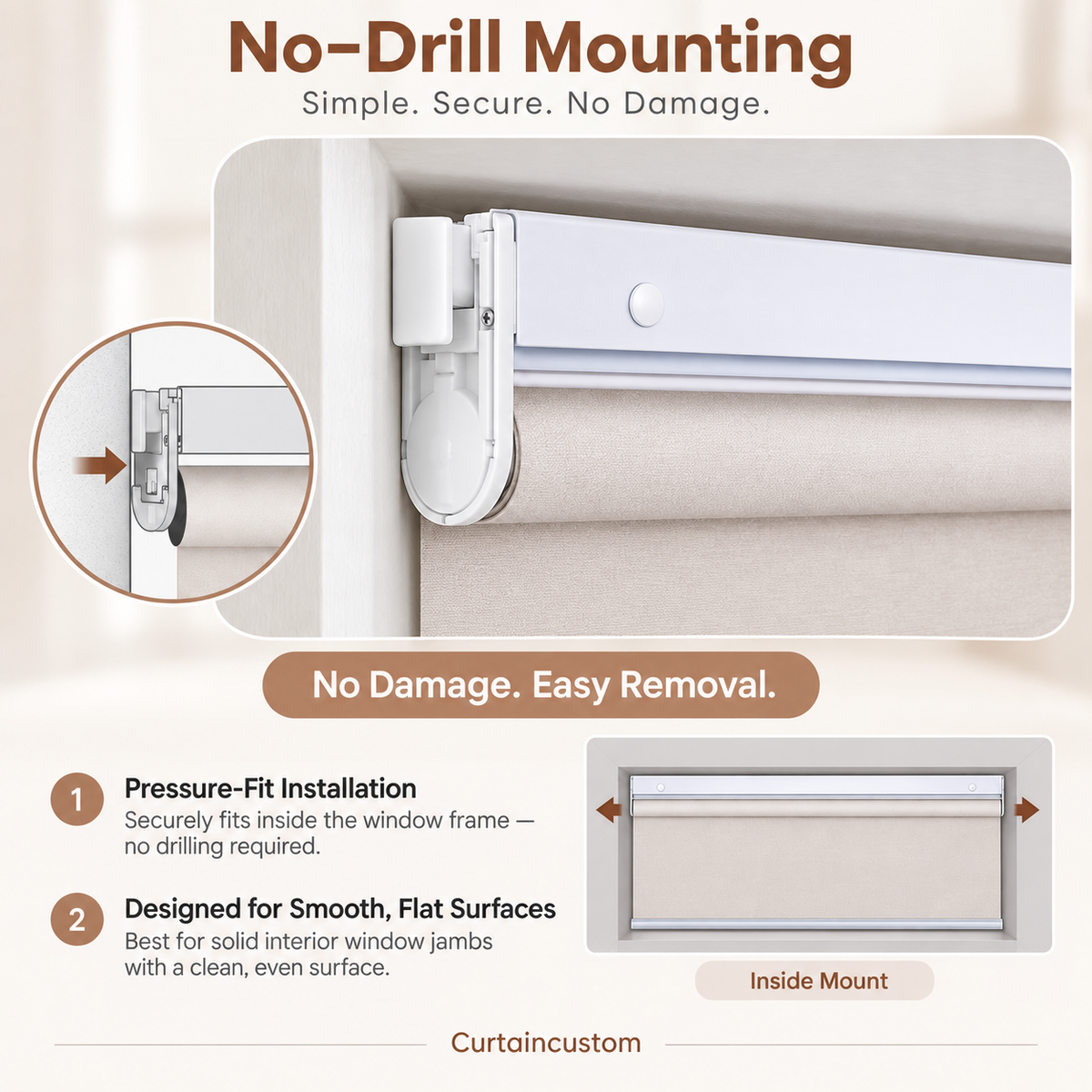 30-Second Easy Installation No Drill Cordless Roller Shades