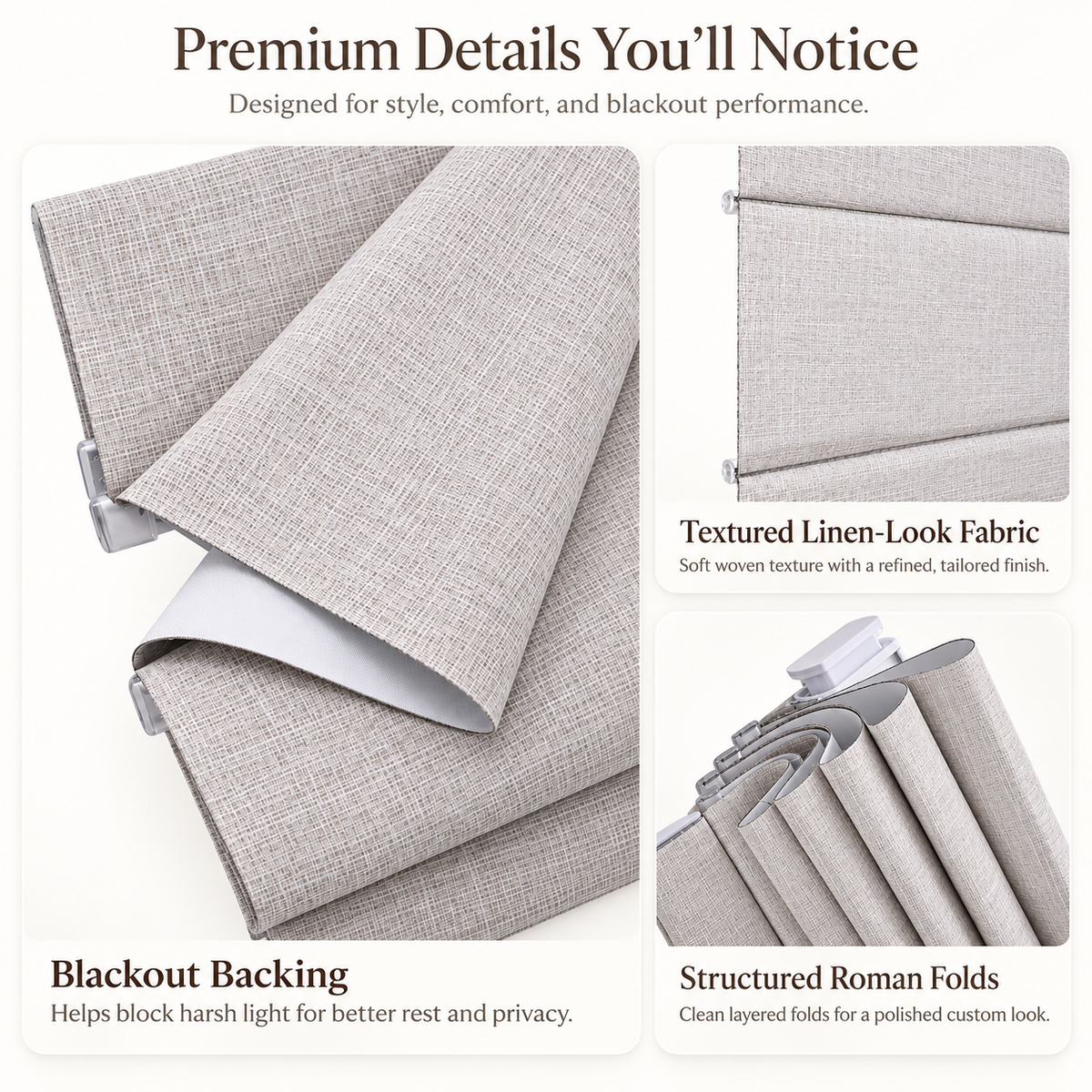 Custom No Drill Cordless Blackout Roman Shades – Thermal Comfort