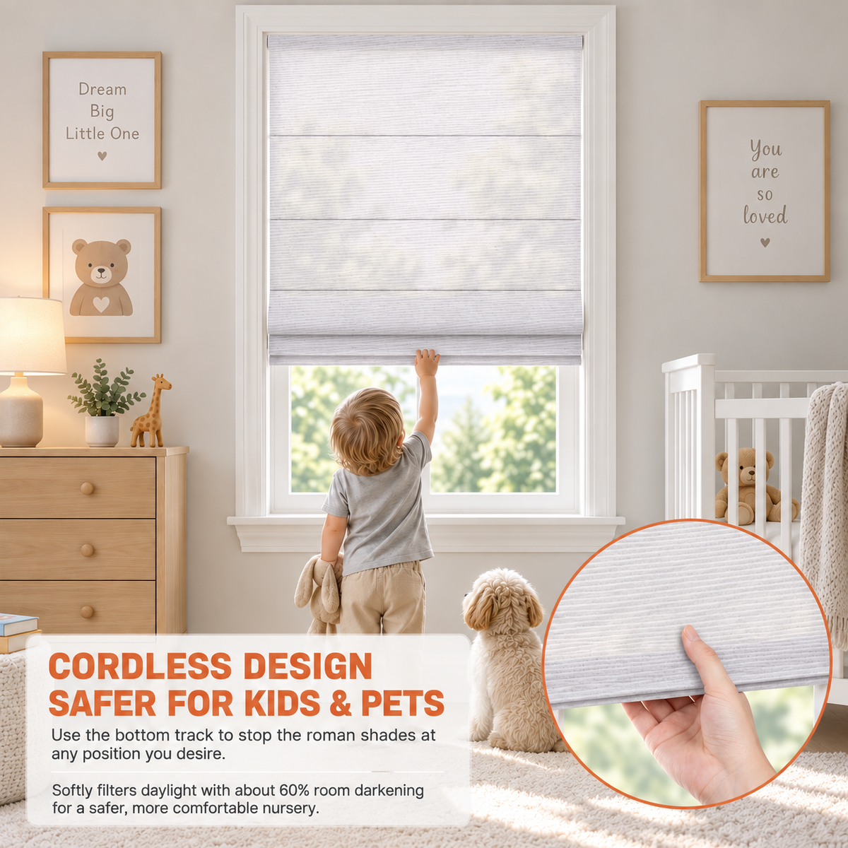 Custom No Drill Cordless Light Filtering Roman Shades – Soft Natural Light