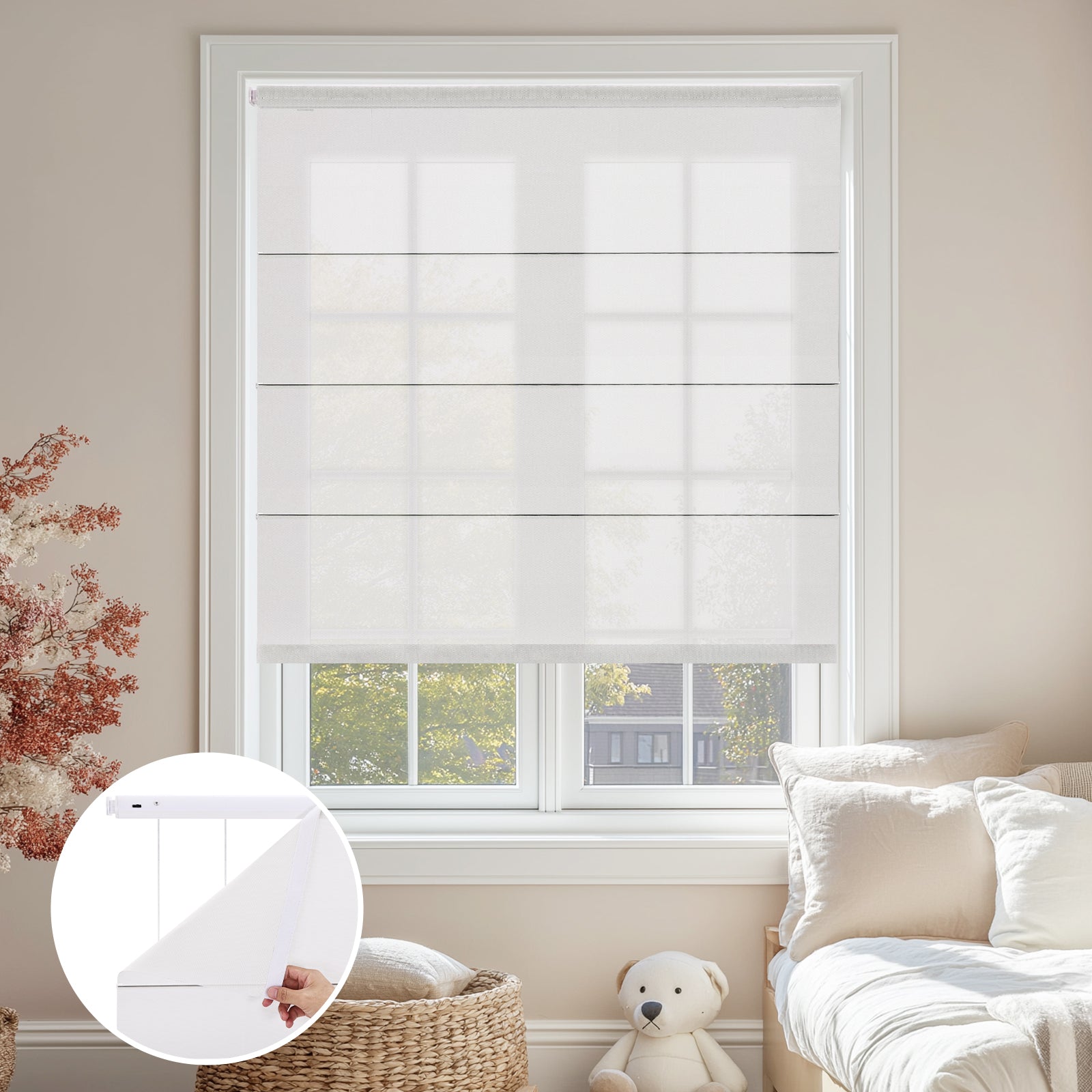 No-Drill Cordless Light Filtering Roman Shade With Fabric-Wrapped Bottom Rail