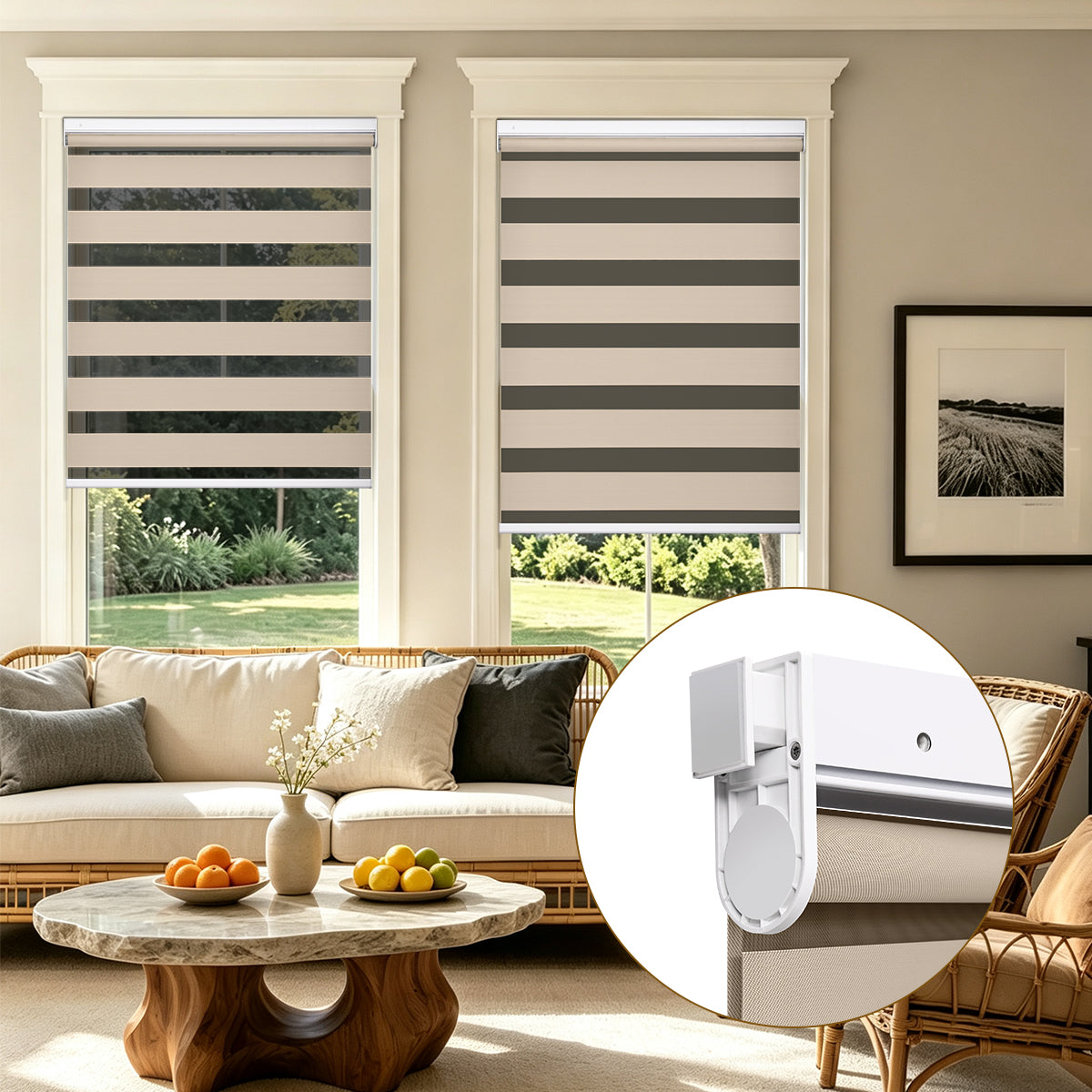 No Drill Cordless Blackout Zebra Shades – 98–100% Light Blocking, Custom Made to Measure