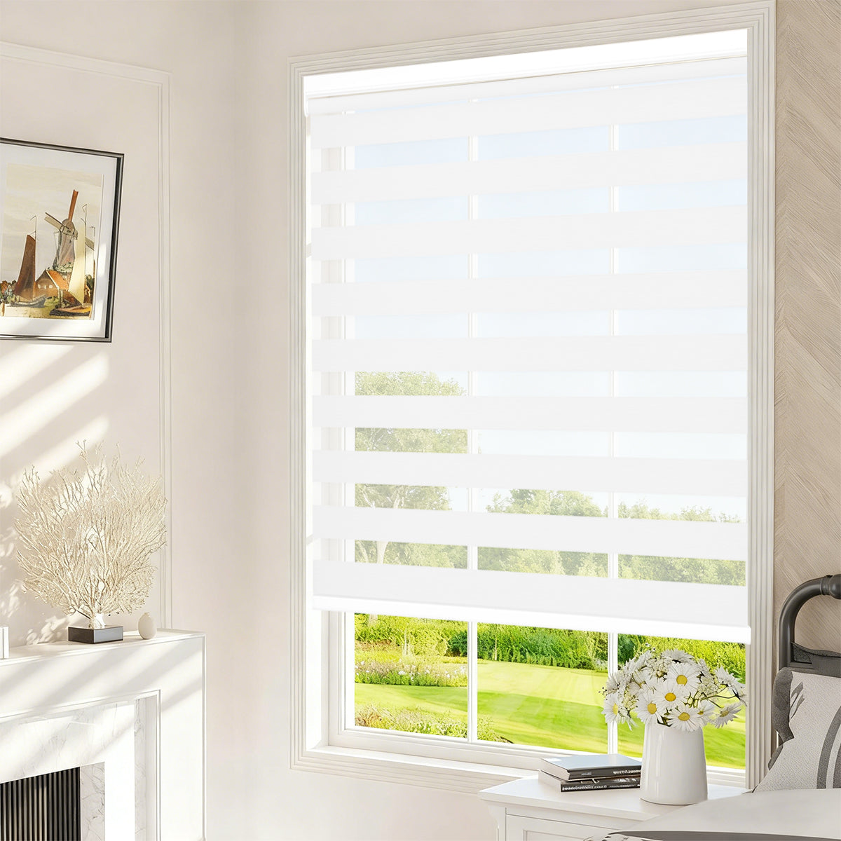 No-Drill Custom Zebra Blinds – Cordless, Dual-Layer, 80% Blackout Roller Shades