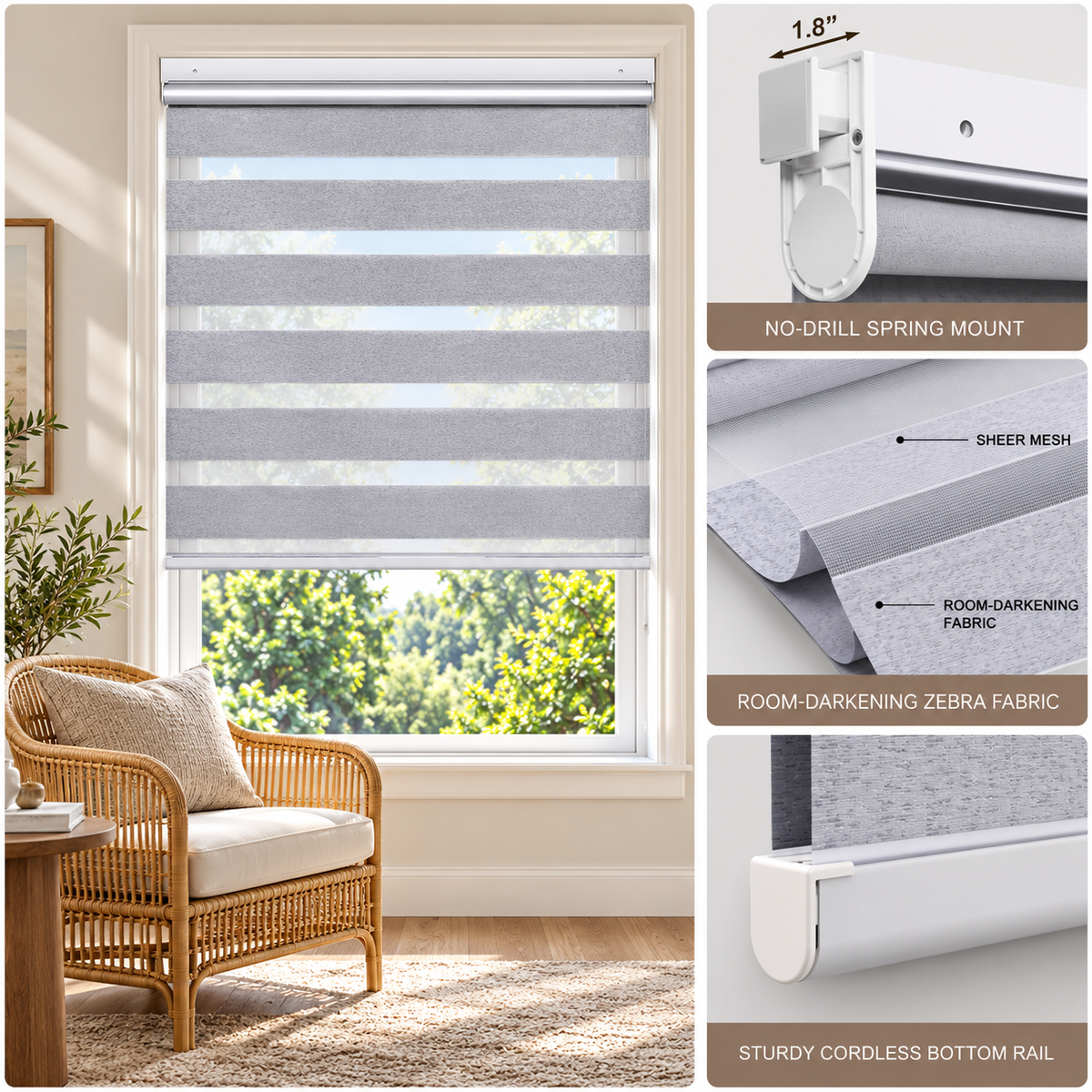 No-Drill Cordless Room-Darkening Zebra Shades – Dual-End Mount