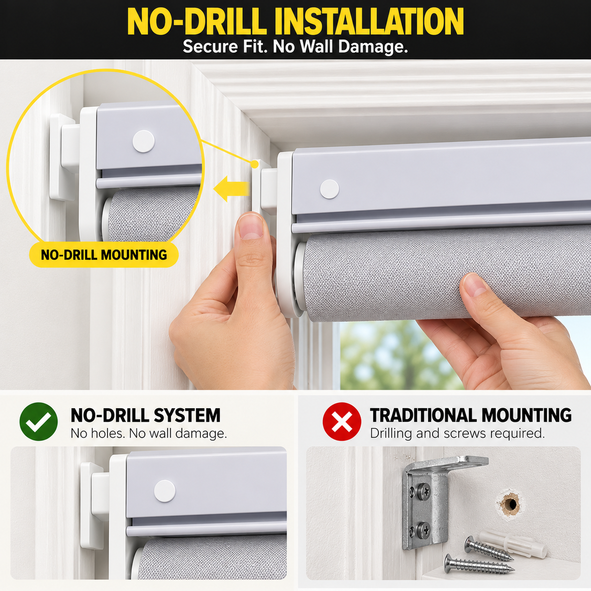 No-Drill Cordless Blackout Roller Shades – Fire-Retardant Custom Window Blinds