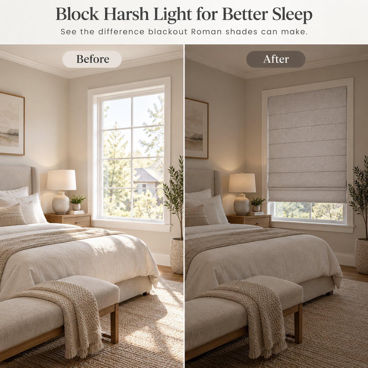 Custom No Drill Cordless Blackout Roman Shades – Thermal Comfort
