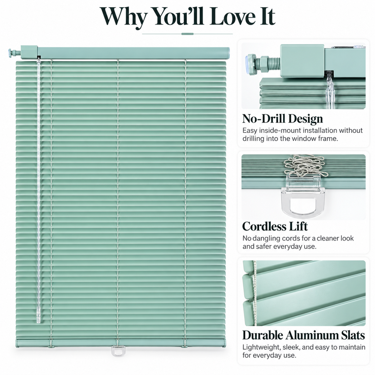 No-Drill Cordless Aluminum Venetian Blinds – Mint Green