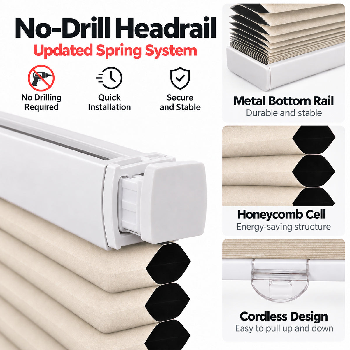 No Drill Blackout Cellular Shades, Cordless 45mm Honeycomb Shades