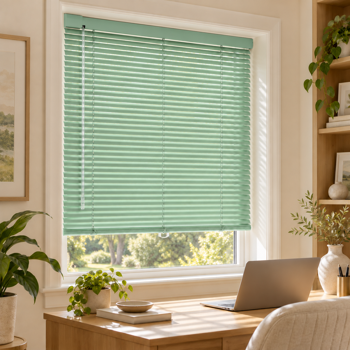 No-Drill Cordless Aluminum Venetian Blinds – Mint Green