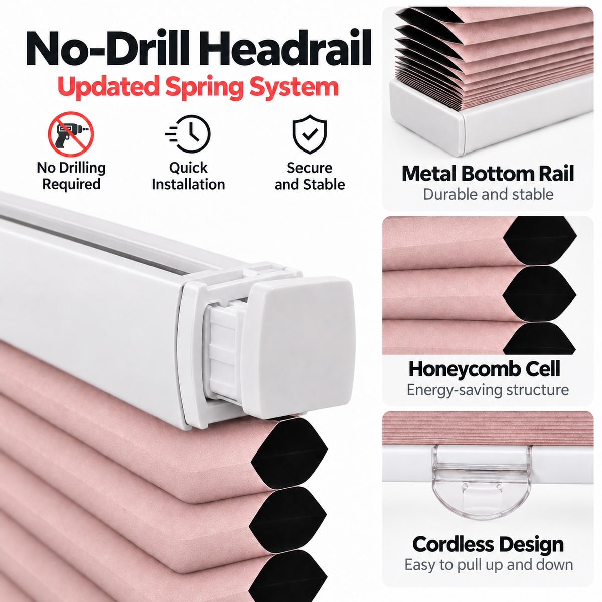 No Drill Blackout Cellular Shades, Cordless 45mm Honeycomb Shades