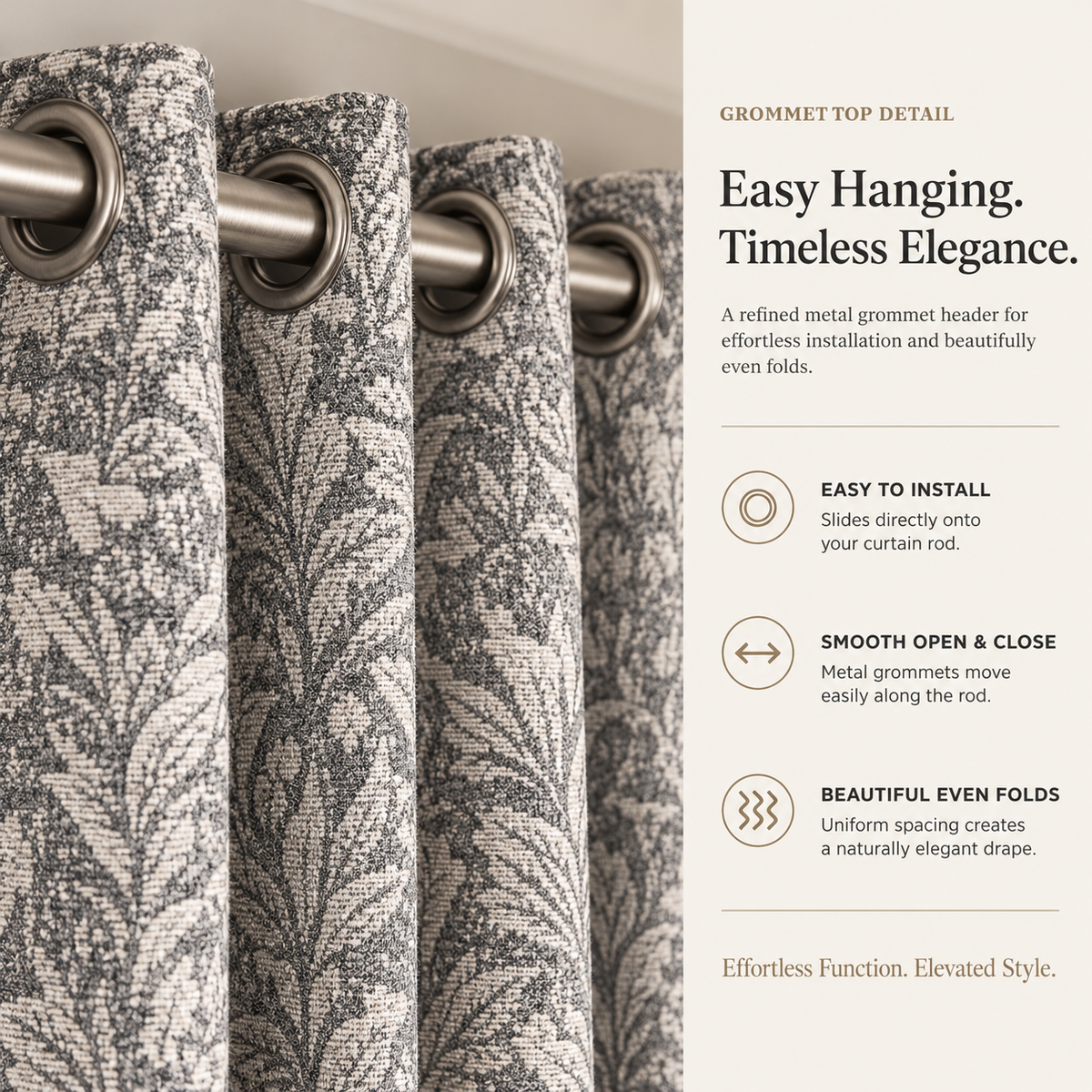 Custom Gray Botanical Wool-Blend Room Darkening Grommet Curtains – 2 Panels