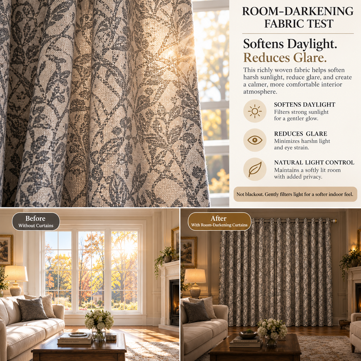 Custom Gray Botanical Wool-Blend Room Darkening Grommet Curtains – 2 Panels