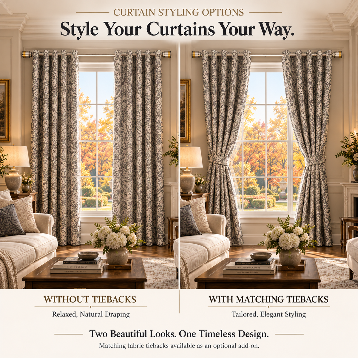 Custom Gray Botanical Wool-Blend Room Darkening Grommet Curtains – 2 Panels
