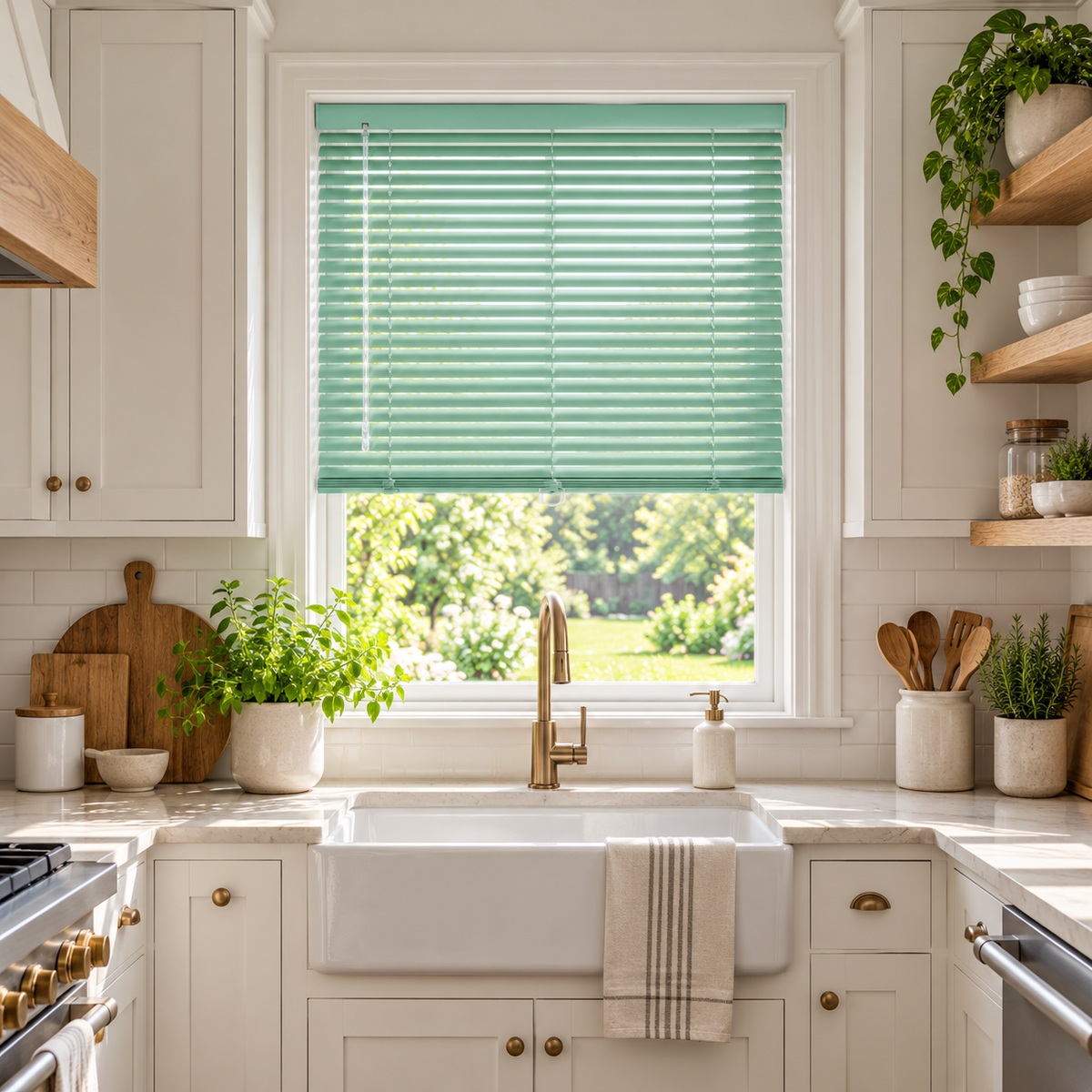 No-Drill Cordless Aluminum Venetian Blinds – Mint Green