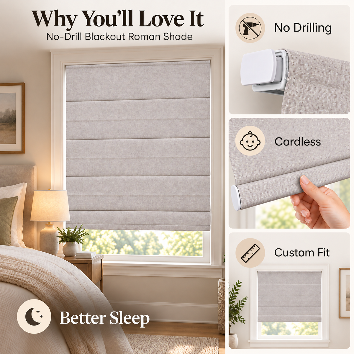 Custom No Drill Cordless Blackout Roman Shades – Thermal Comfort