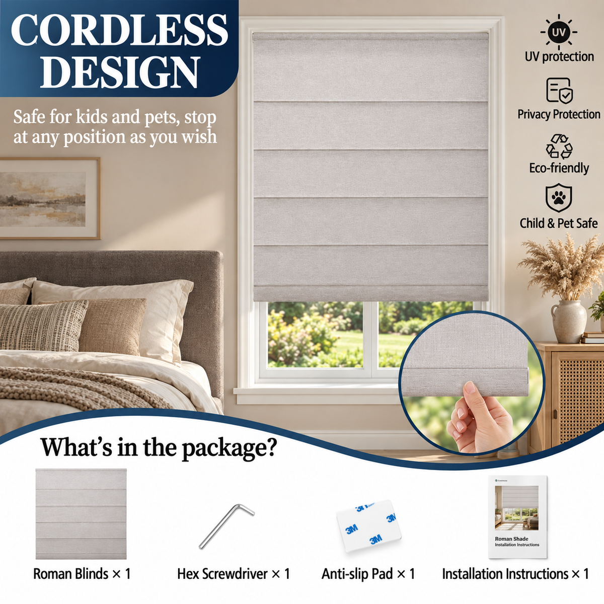 Custom No Drill Cordless Blackout Roman Shades – Thermal Comfort