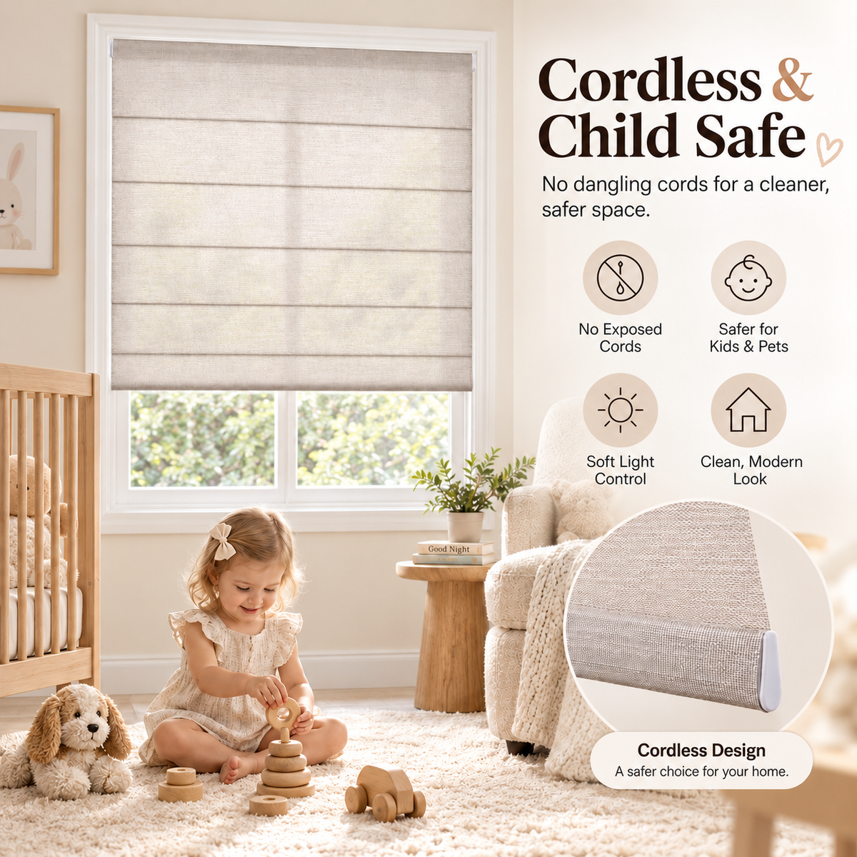 No Drill Cordless Light Filtering Roman Shades – Custom Window Blinds