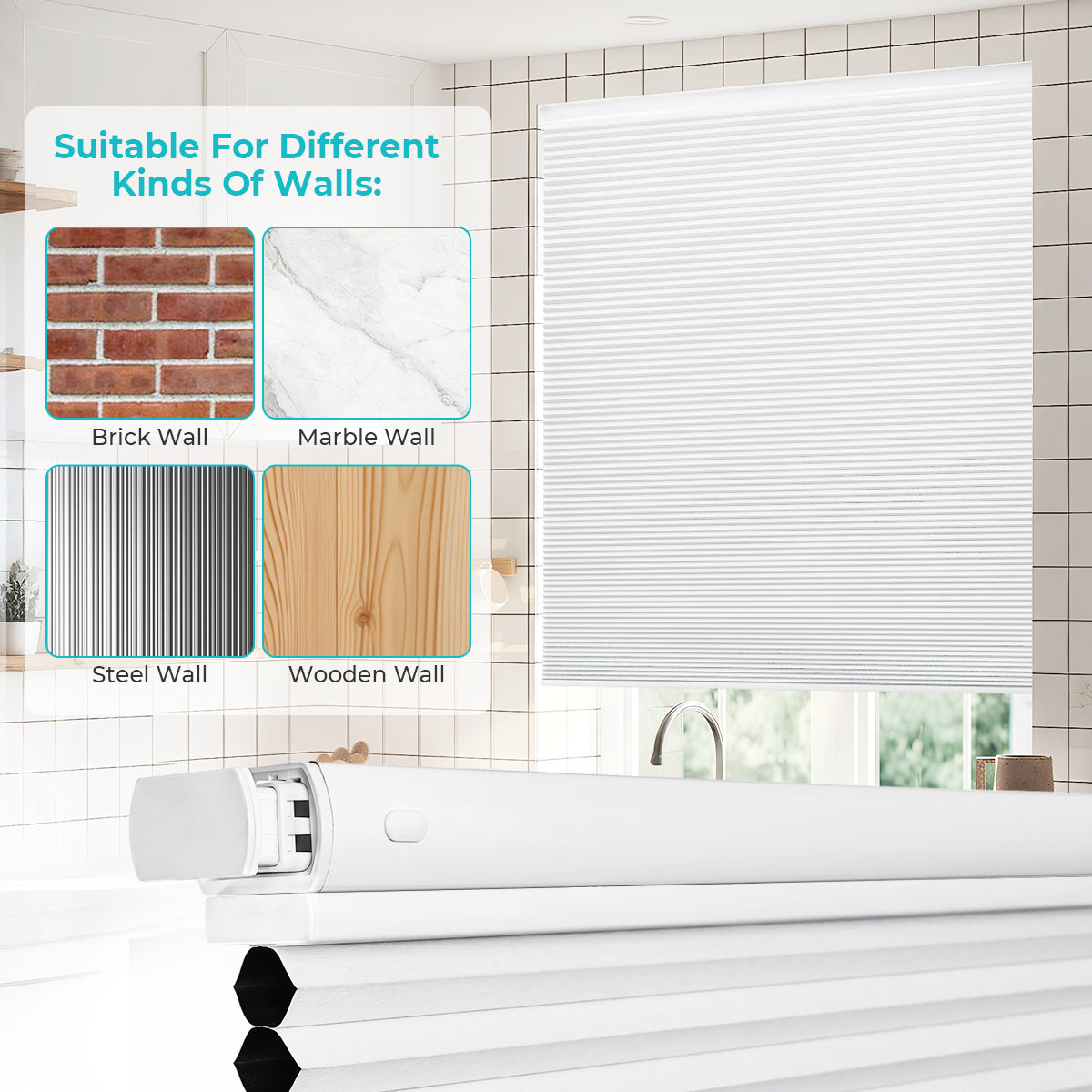 Cordless no-drill top down bottom up blackout honeycomb shades installation adapting to different wall surfaces including wood, tile, and drywall