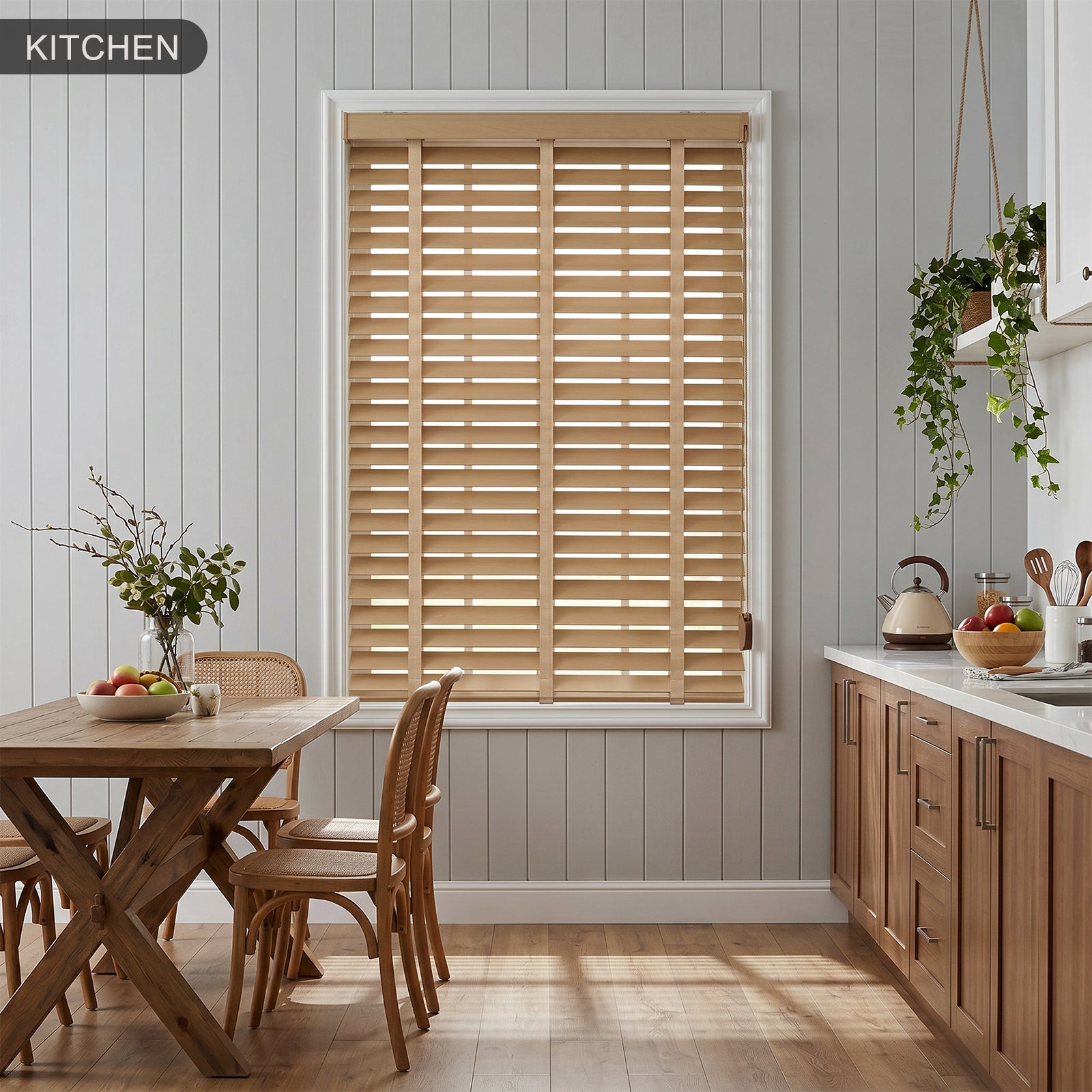 Custom corded faux wood Venetian blinds installed in a modern dining room with natural light control