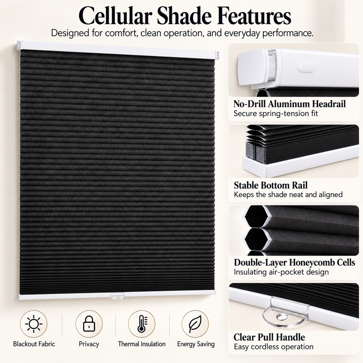 45mm No-Drill Dual-End Spring Cordless Blackout Honeycomb Blinds