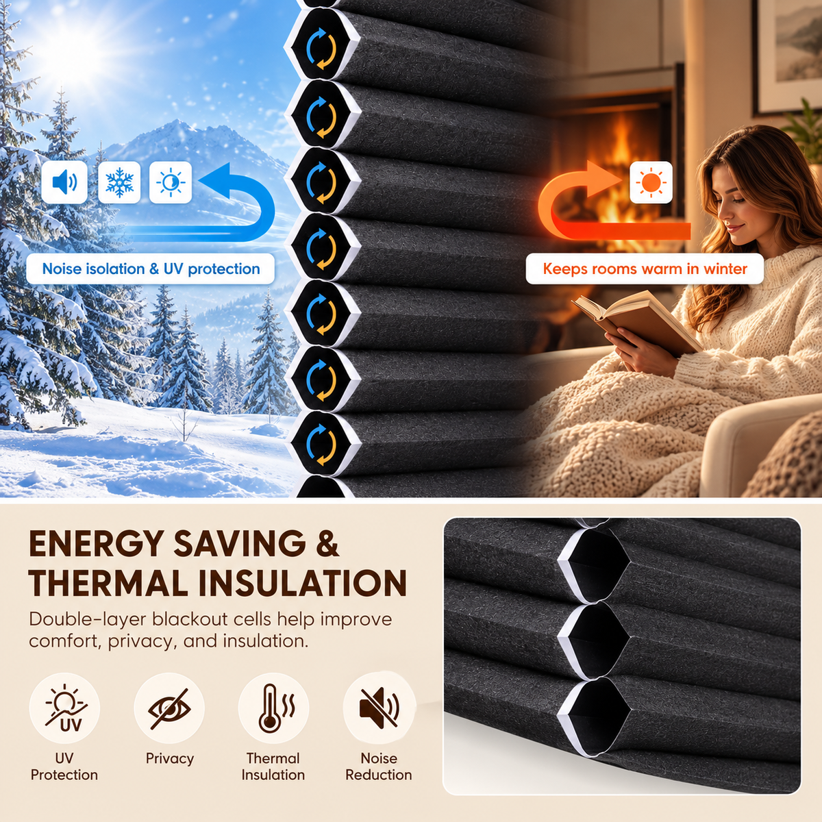 45mm No-Drill Dual-End Spring Cordless Blackout Honeycomb Blinds