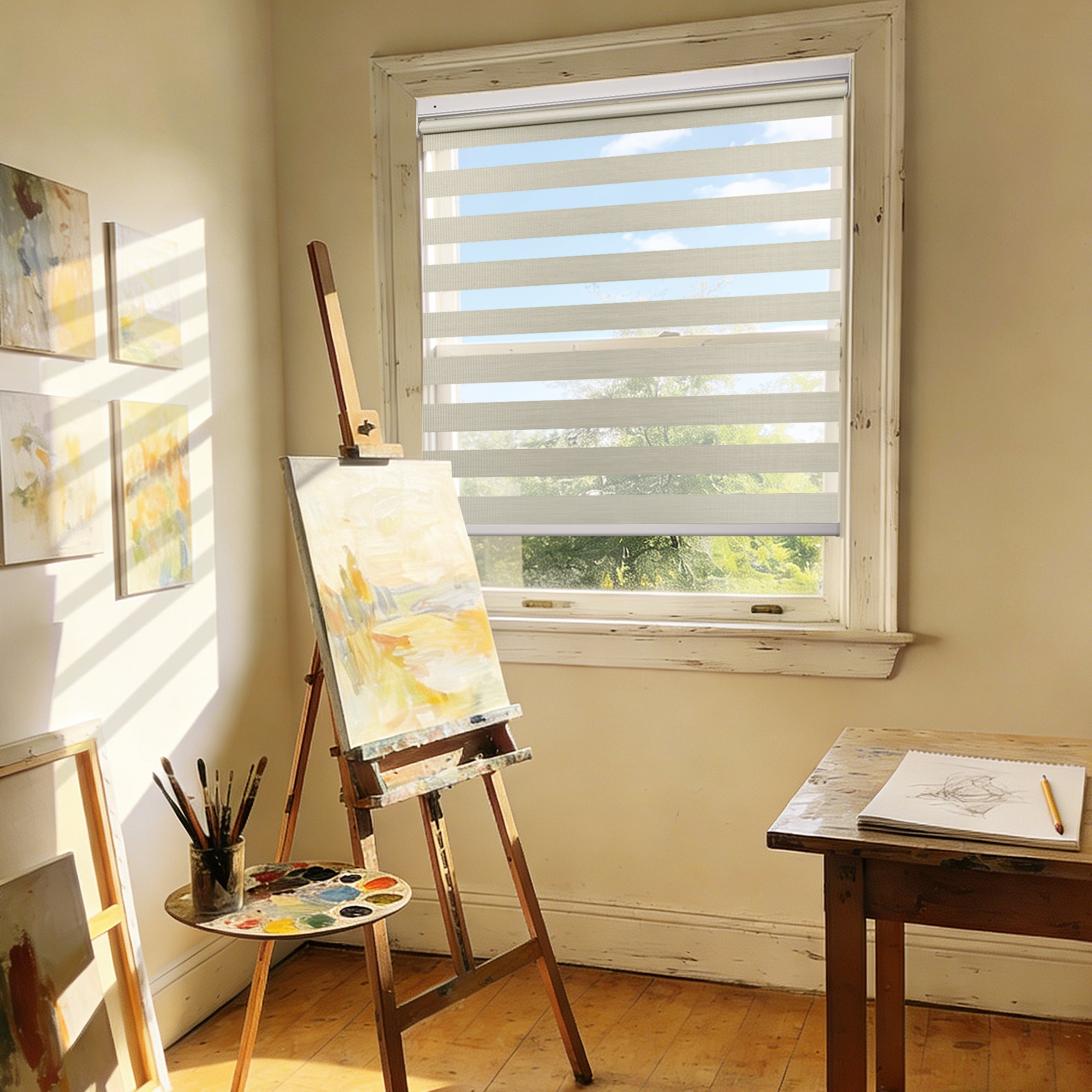 Light Filtering No Drill Cordless Zebra Shades for Home Office Study Room