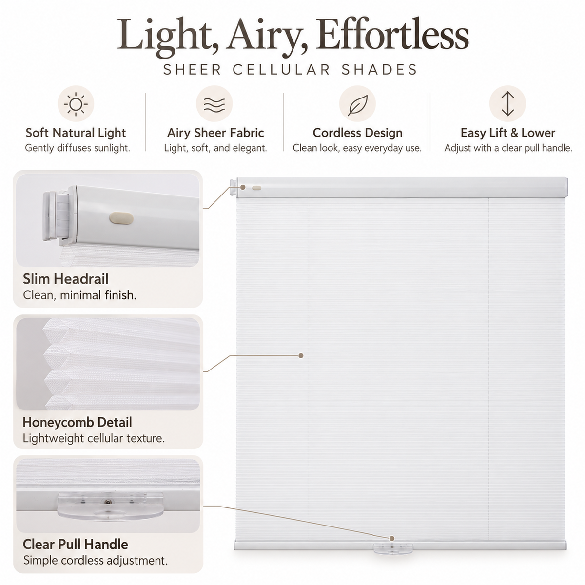 Custom No-Drill Cordless Sheer Cellular Shades – 25mm Honeycomb Blinds
