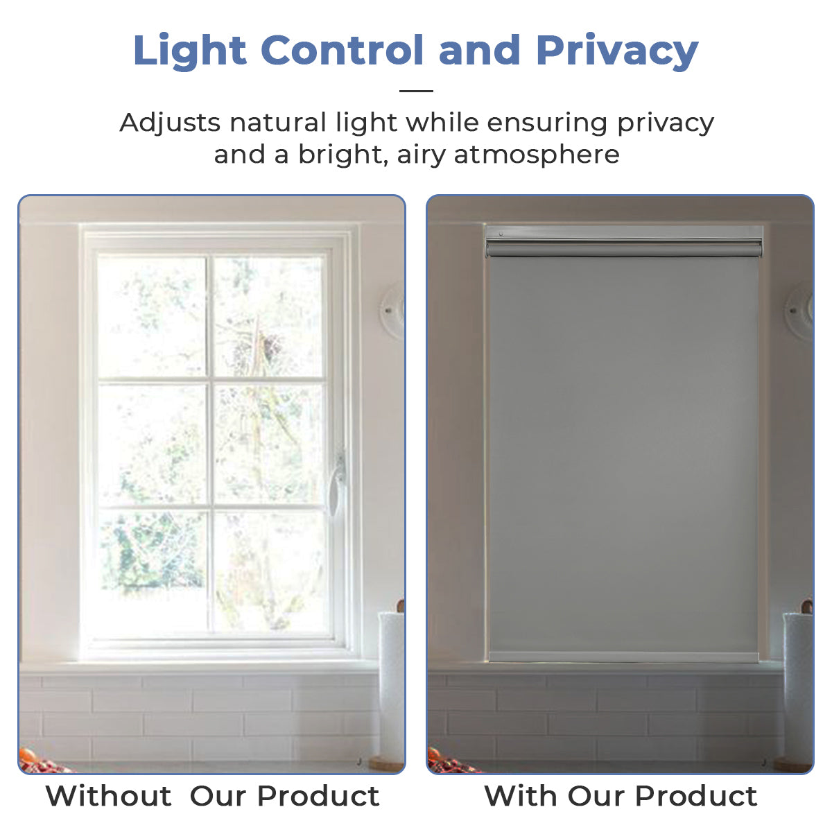Bedroom before and after light control with cordless blackout roller shades