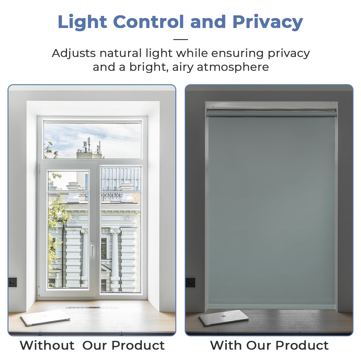 Light comparison before and after installing cordless blackout roller shades in bedroom