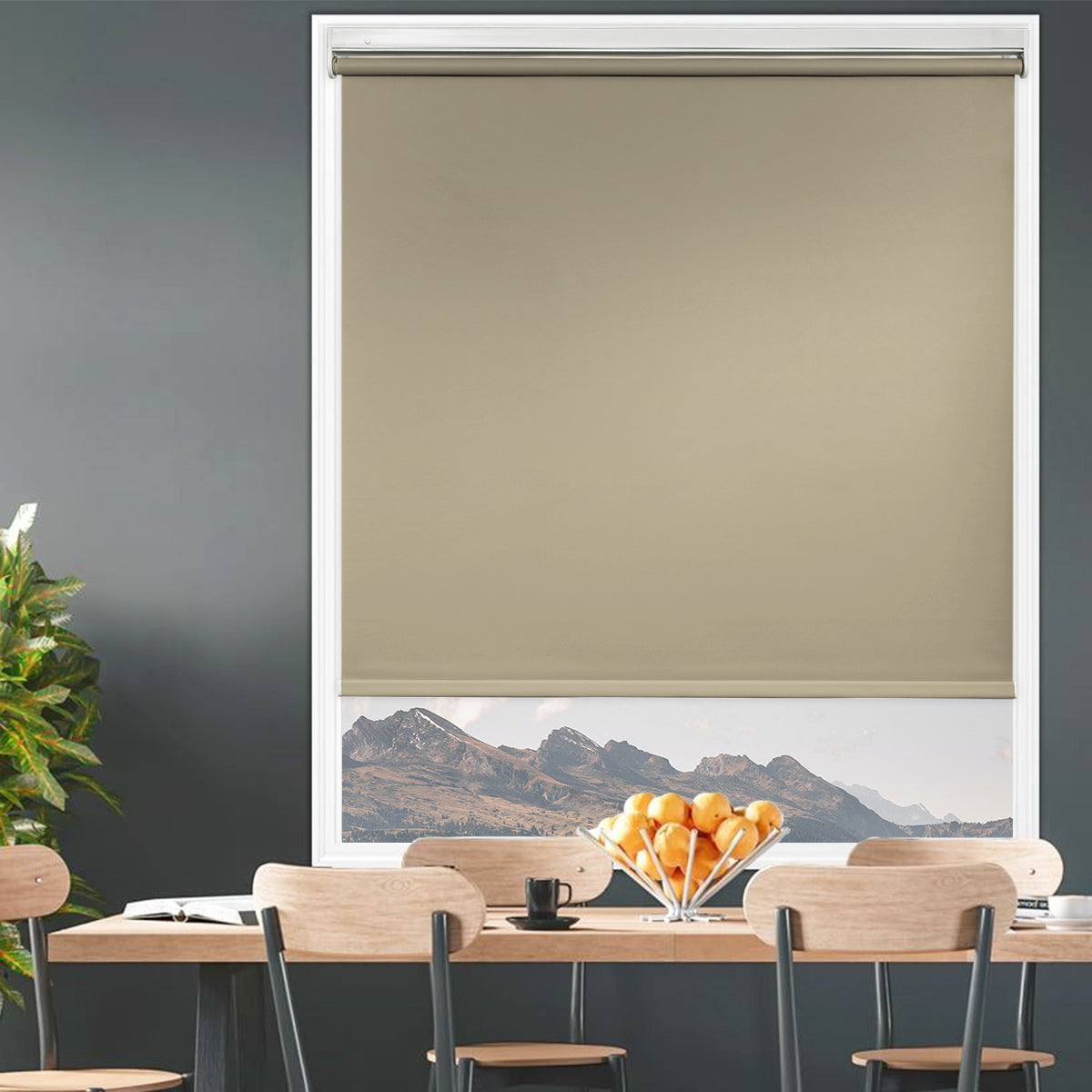 Cordless blackout roller shades in modern dining room