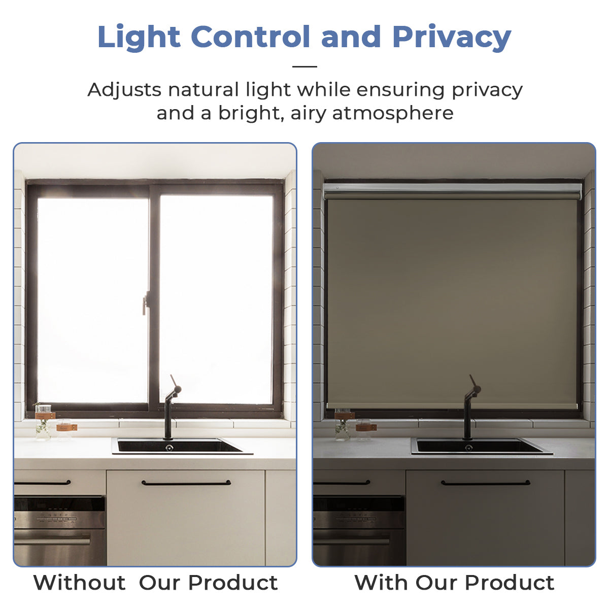 Kitchen before and after installing cordless blackout roller shades