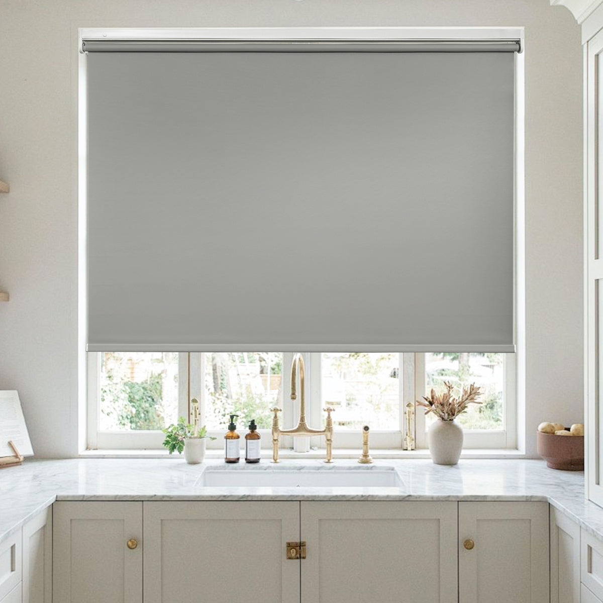 Cordless blackout roller shades for modern kitchen windows