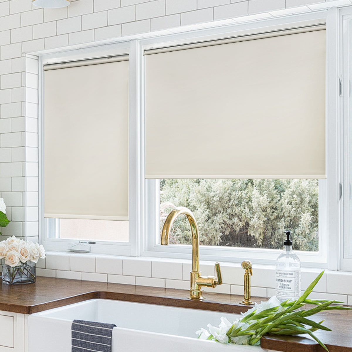 Cordless blackout roller shades for modern kitchen windows