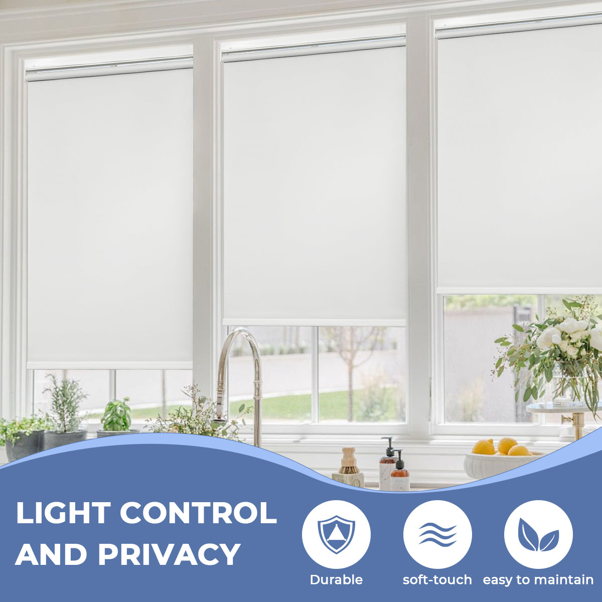 Modern kitchen with cordless blackout roller shades