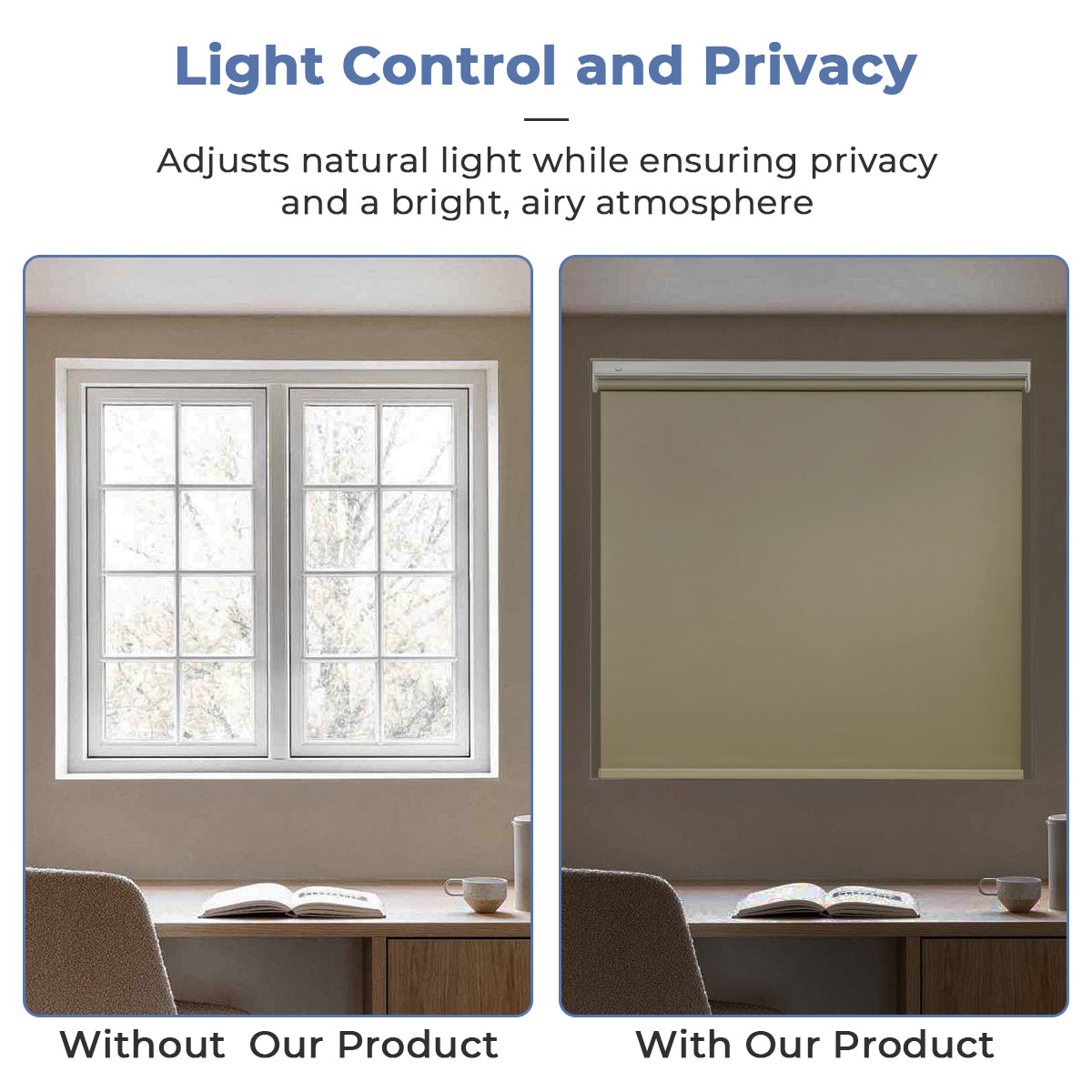 Study room before and after installing cordless blackout roller shades