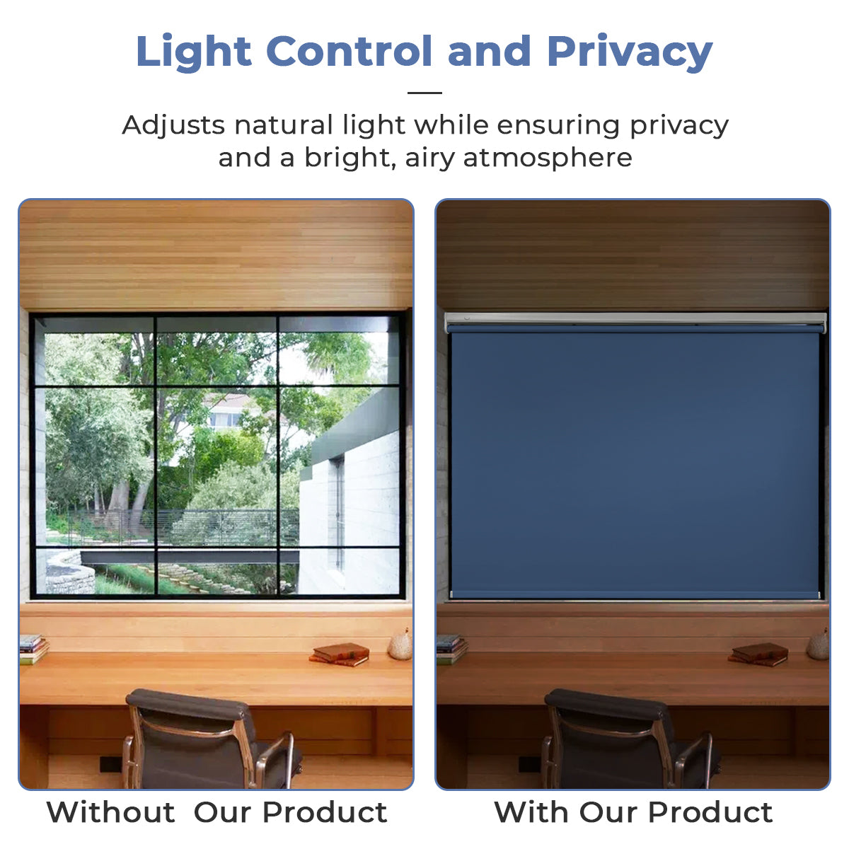 Light comparison before and after installing cordless blackout roller shades in study room