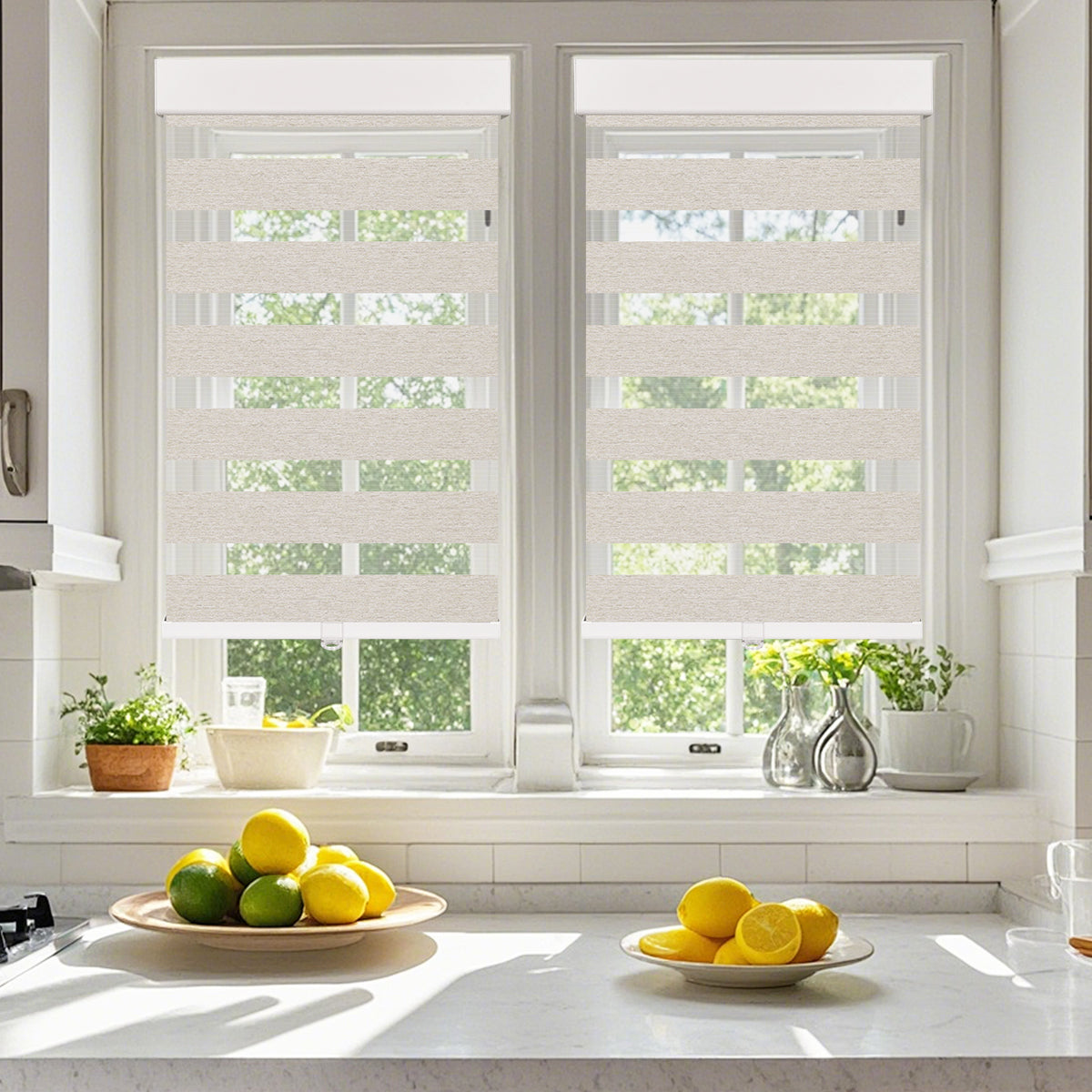 Cordless cassette light filtering zebra blinds in a modern kitchen, dual layer shades allowing soft natural light while maintaining privacy.