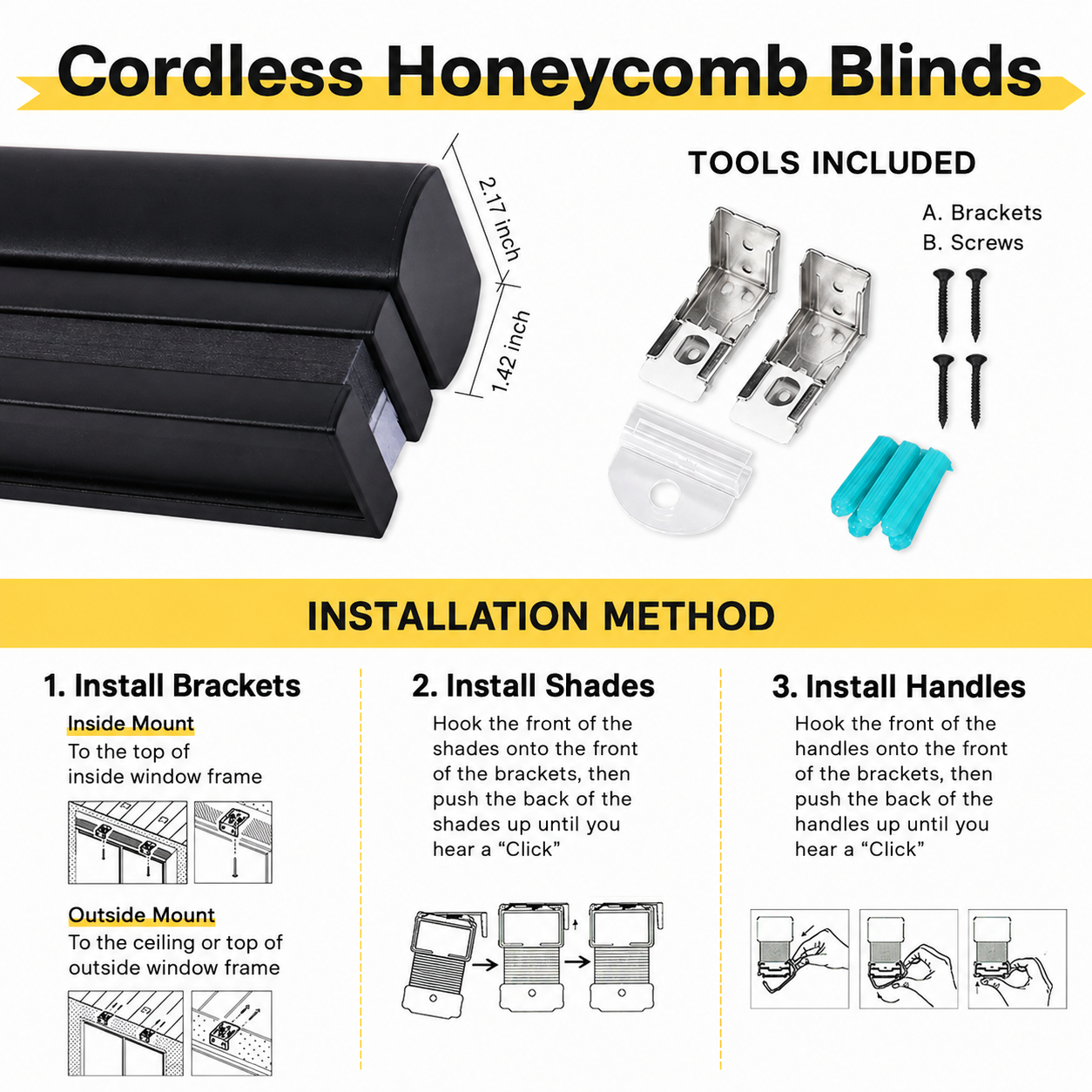 Installation accessories and mounting hardware for cordless honeycomb shades