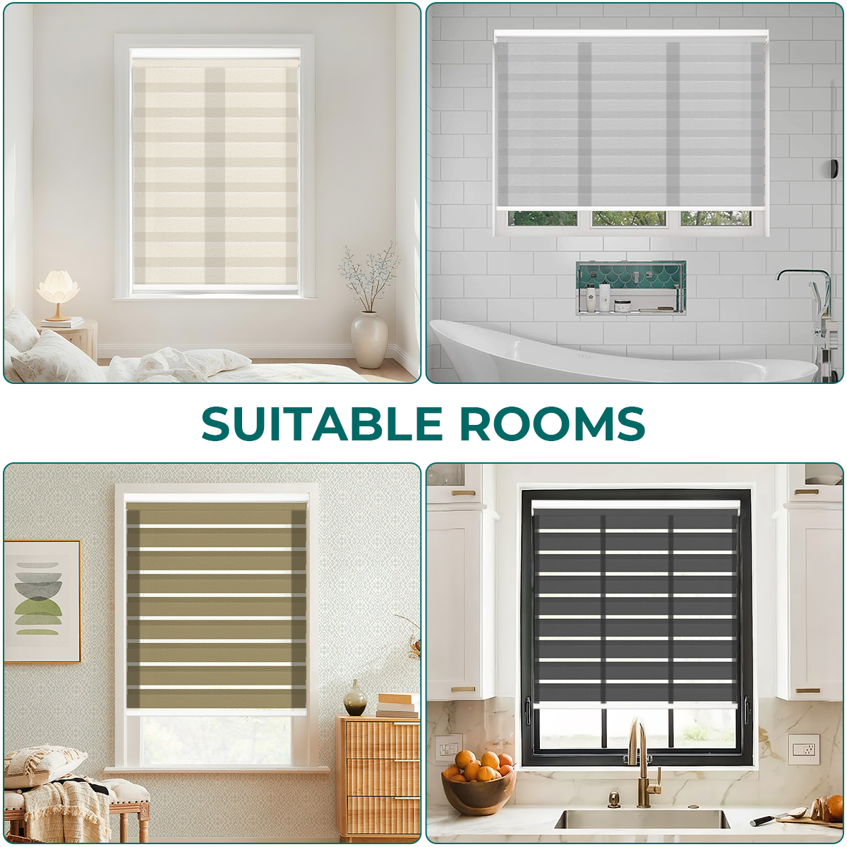 Cordless No-Drill Light Filtering Zebra Blinds in Different Room Settings