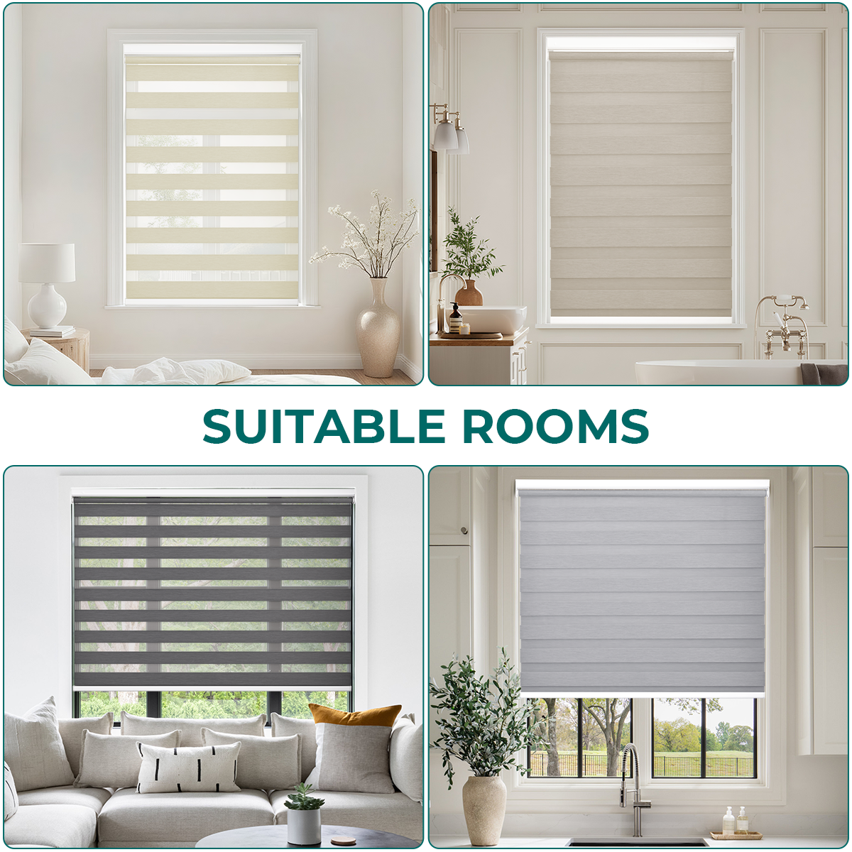 Cordless No Drill Zebra Shades in Bedroom Bathroom Living Room and Kitchen