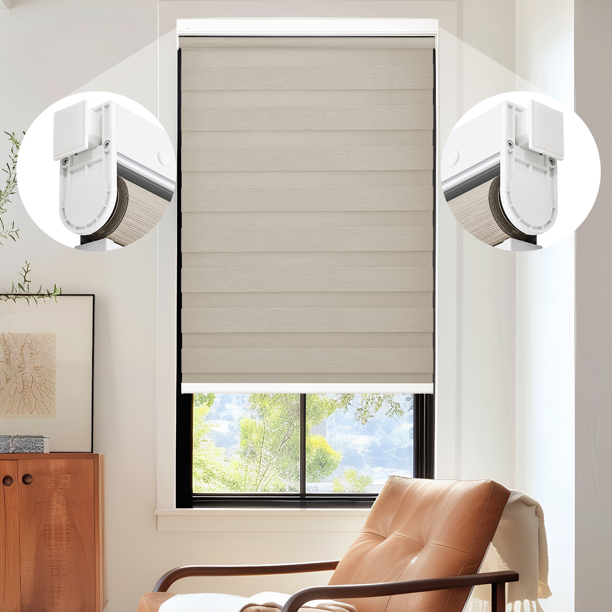 Cordless No Drill Zebra Shades in Home Office Study Room Window Light Control Blinds