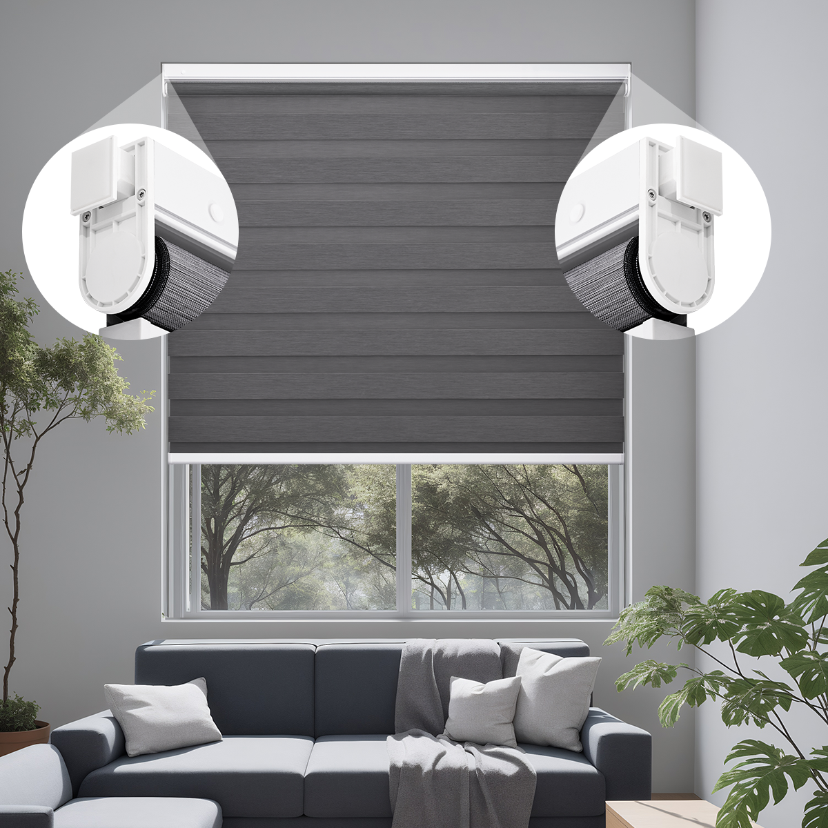 Cordless No Drill Zebra Shades Modern Living Room Interior Window Treatment Day and Night Blinds