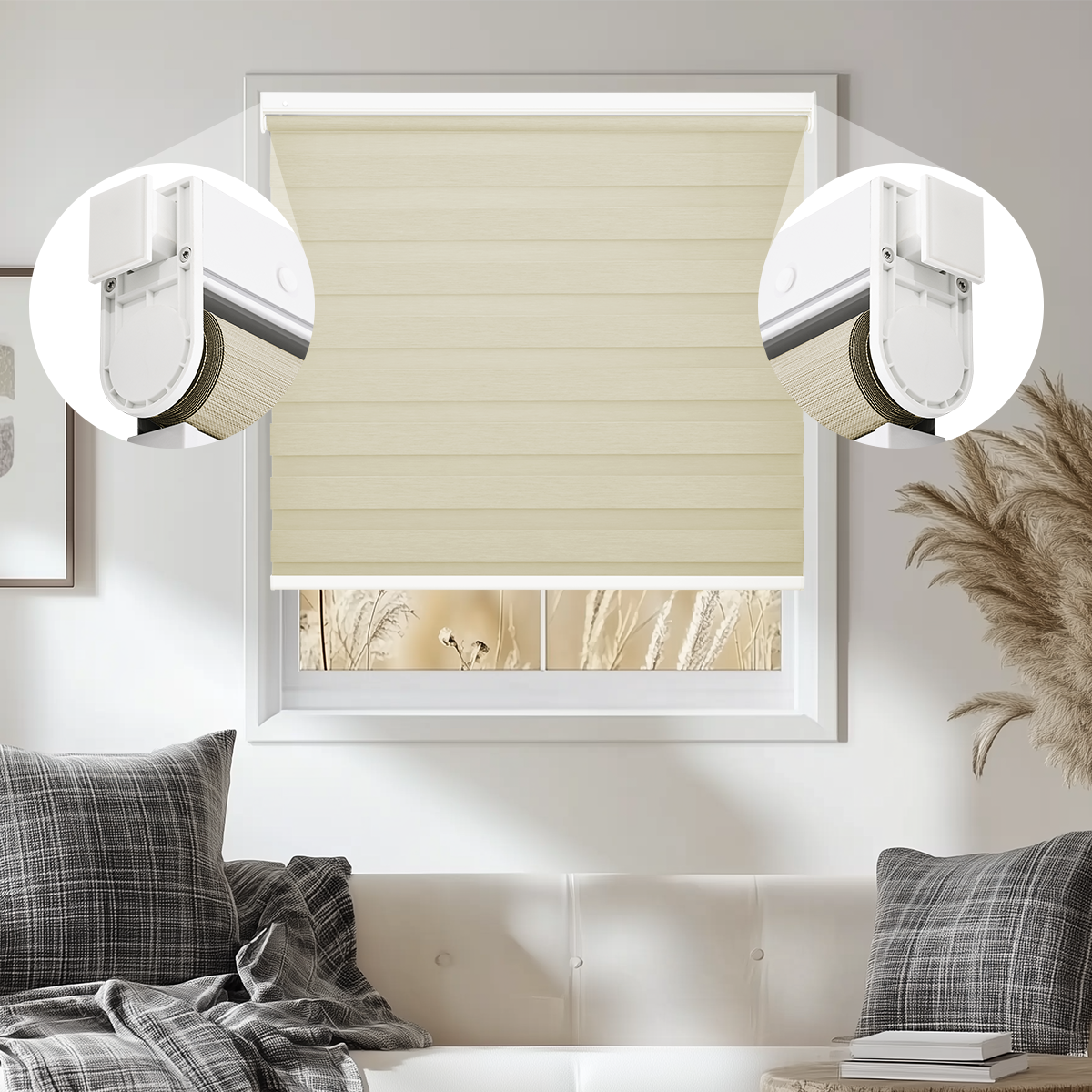 Cordless No Drill Zebra Shades in Living Room Window Light Filtering and Privac