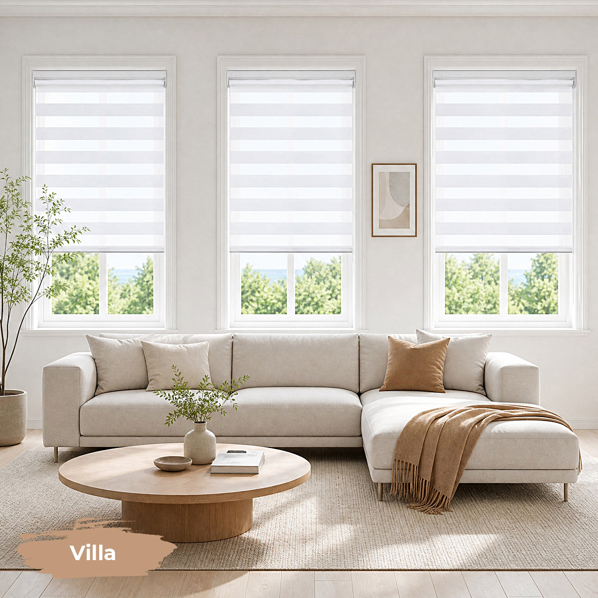 Cordless zebra blinds for large living area with no-drill installation and elegant window covering design