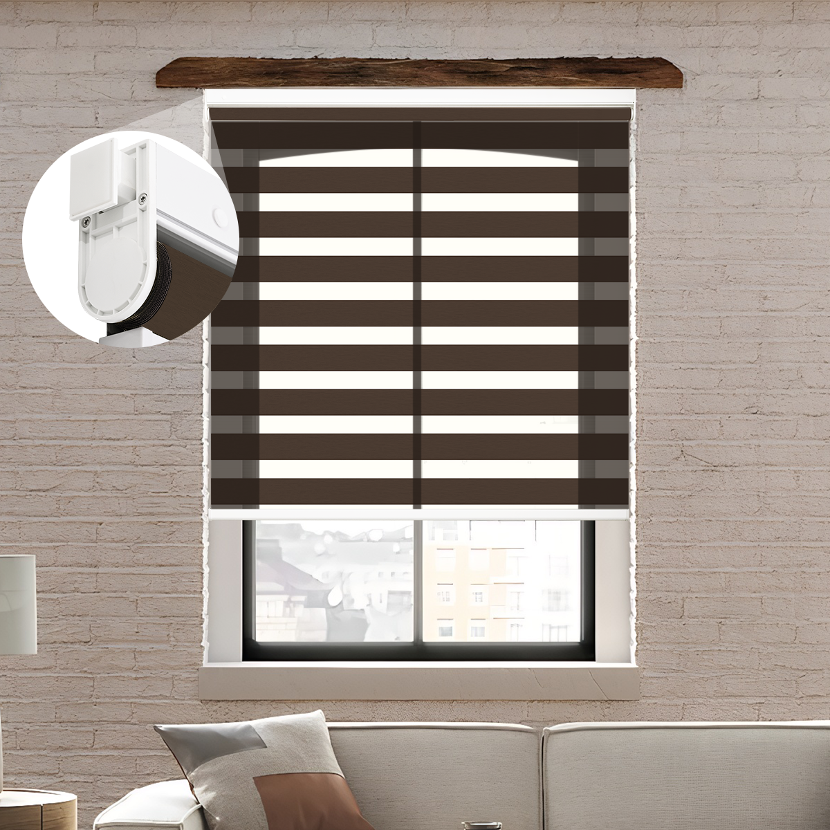 Cordless No-Drill Light Filtering Zebra Blinds in Living Room