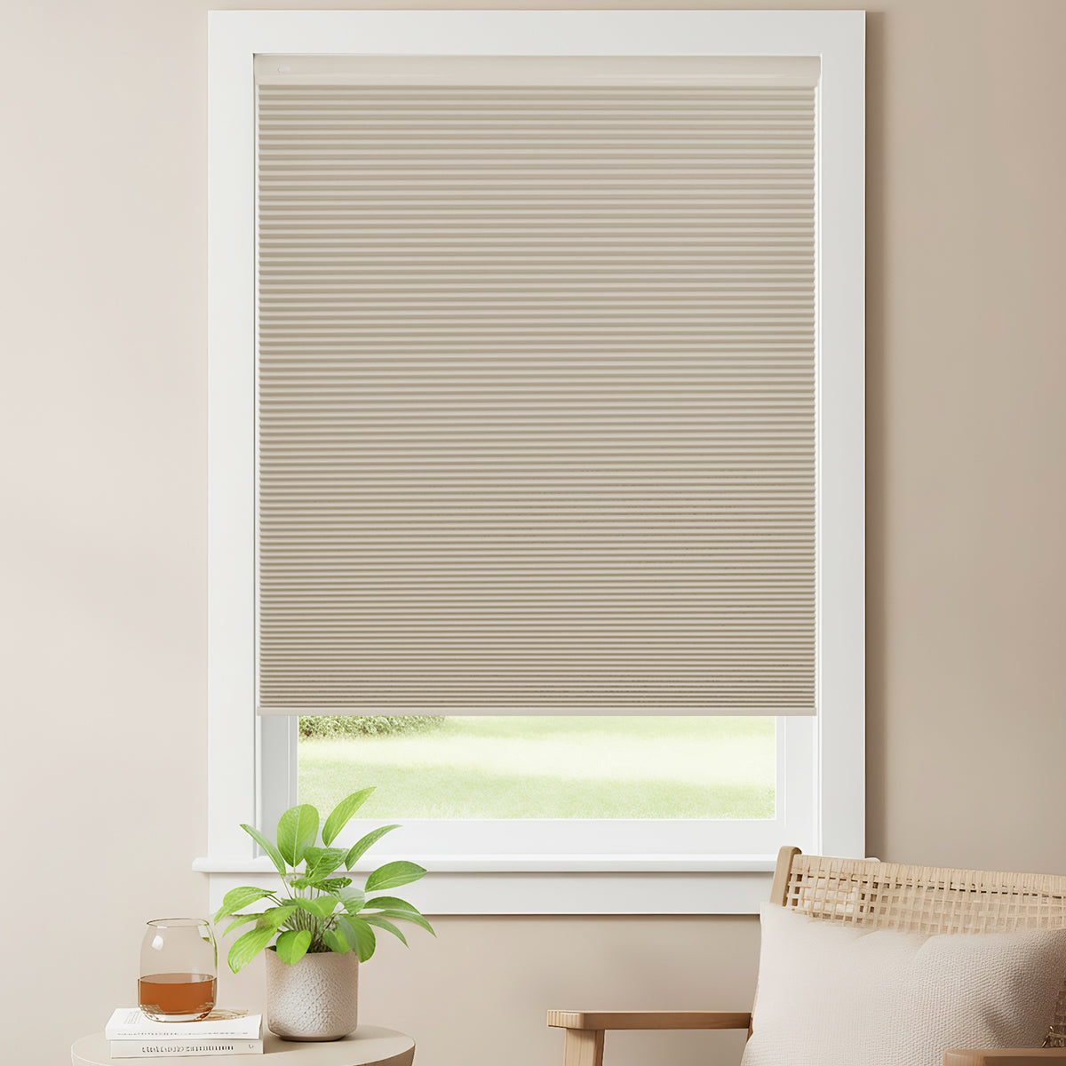 Cordless cellular shade with no-drill mounting, top-down bottom-up operation, providing complete blackout in a lobby