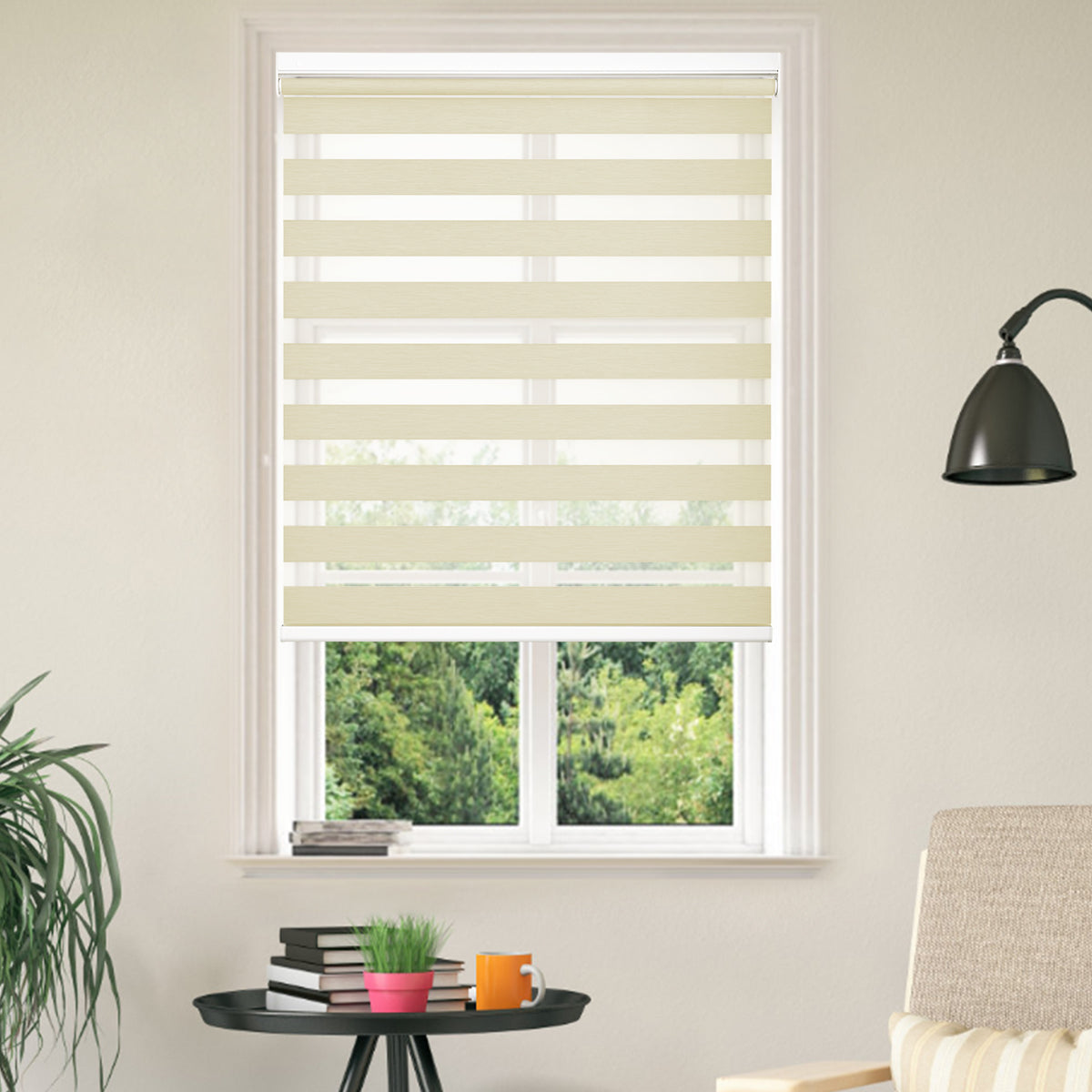 Cream beige cordless no drill zebra shades, custom room darkening dual‑layer window blinds for living room