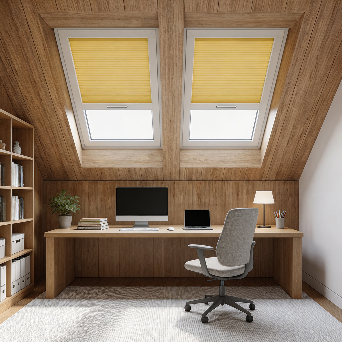 Custom Blackout Honeycomb Skylight Shades, yellow cellular blinds on pitched roof skylights in wooden attic home office