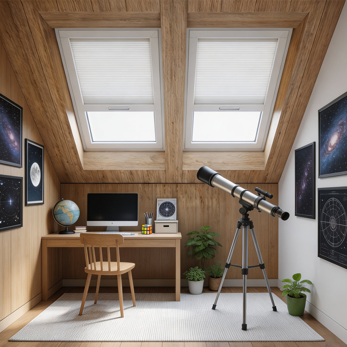Custom Blackout Honeycomb Skylight Shades, white honeycomb blinds for sloped roof skylights in cozy attic study room