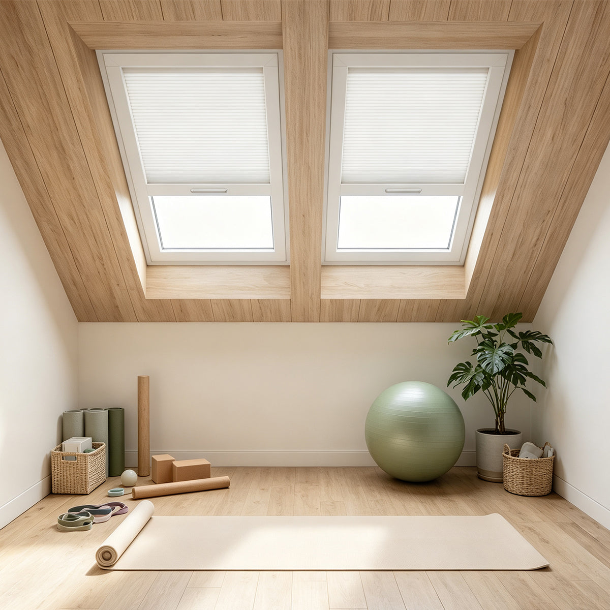Custom Blackout Honeycomb Skylight Shades, white cellular skylight blinds installed in bright attic yoga room