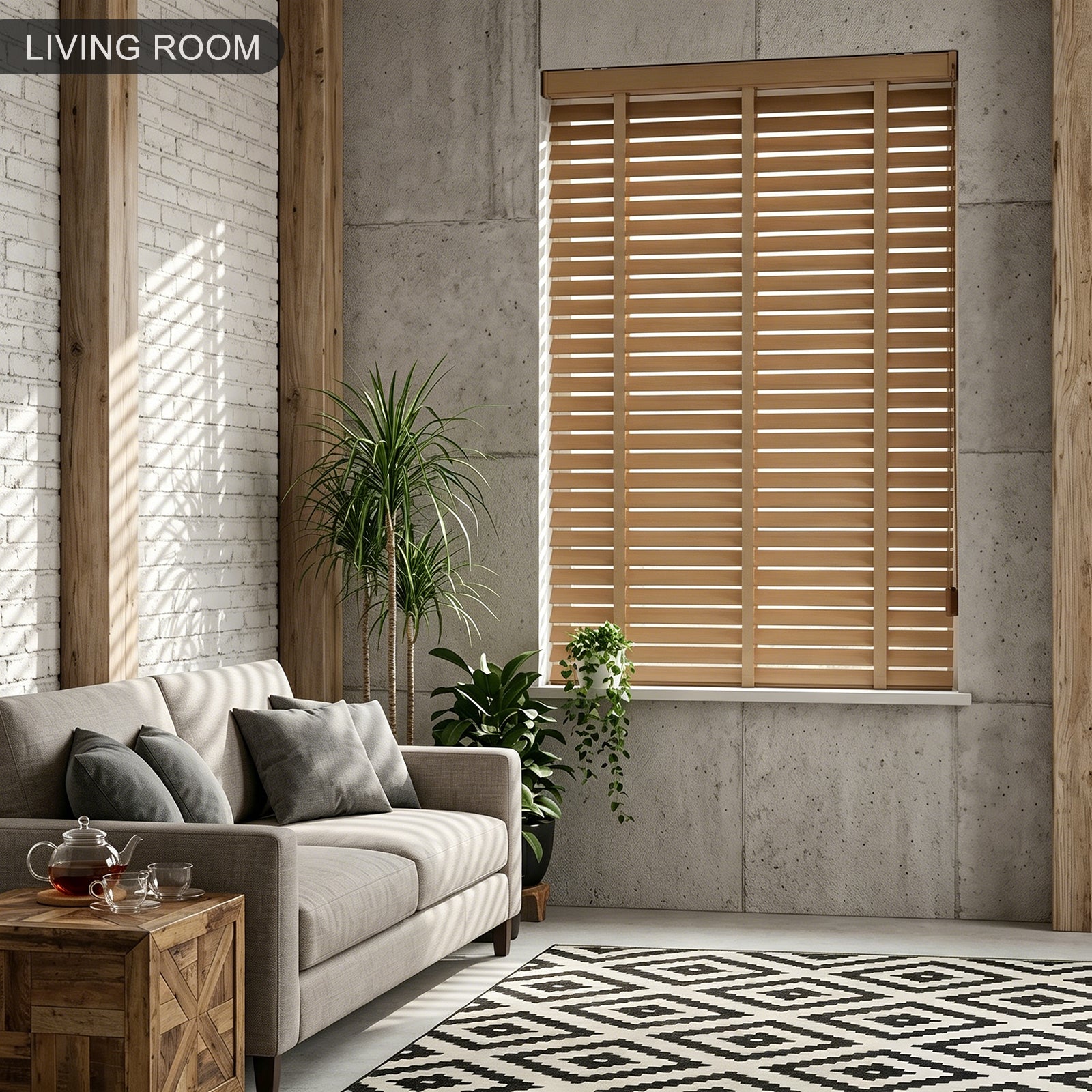 Custom corded faux wood Venetian blinds installed in a modern living room
